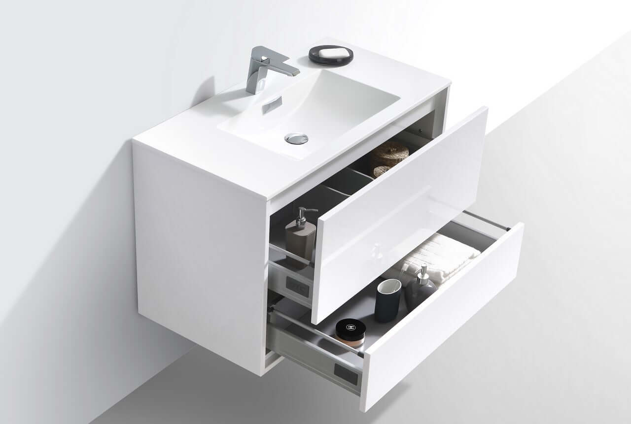 DeLusso 36" High Glossy White Wall Mount Modern Bathroom Vanity