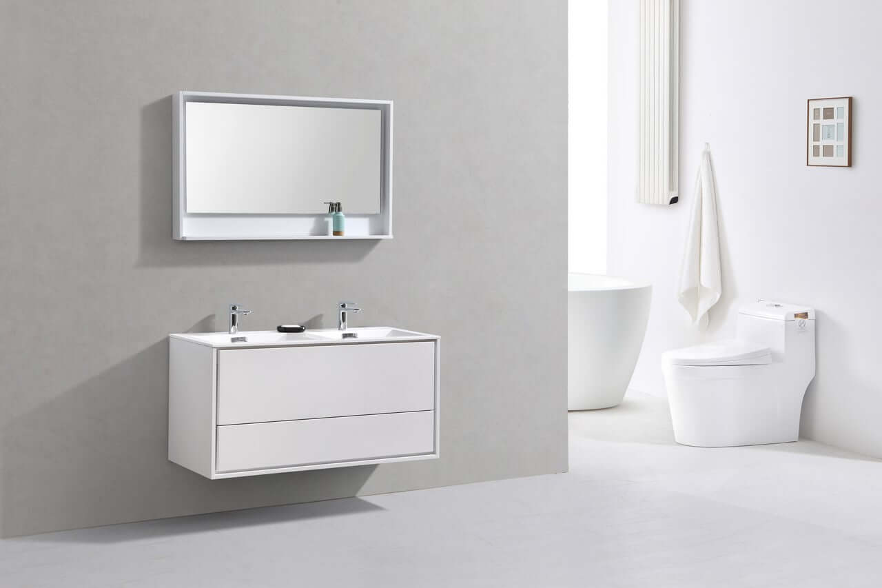 DeLusso 48" Double Sink High Glossy White Wall Mount Modern Bathroom Vanity