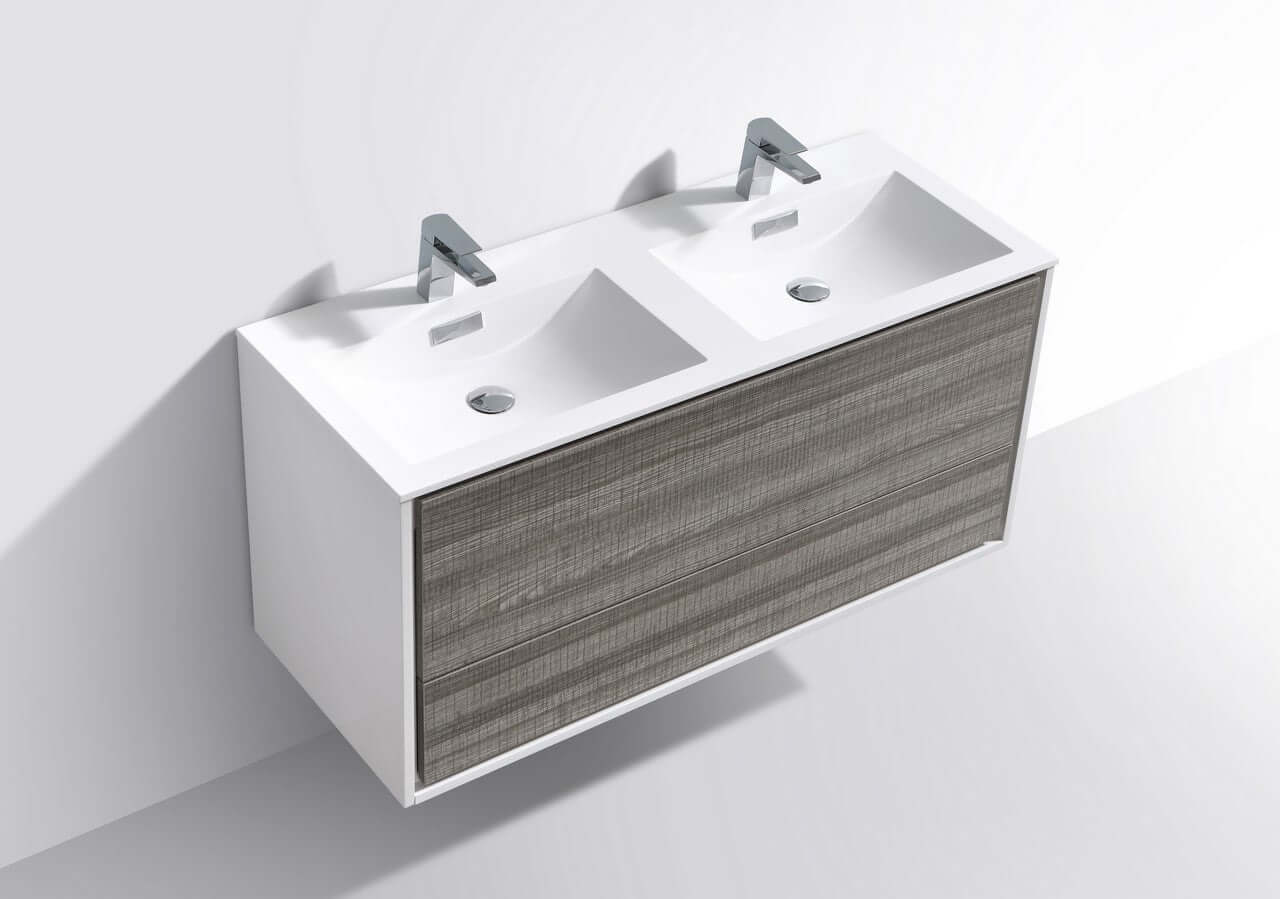 DeLusso 48" Double Sink Ash Gray Wall Mount Modern Bathroom Vanity
