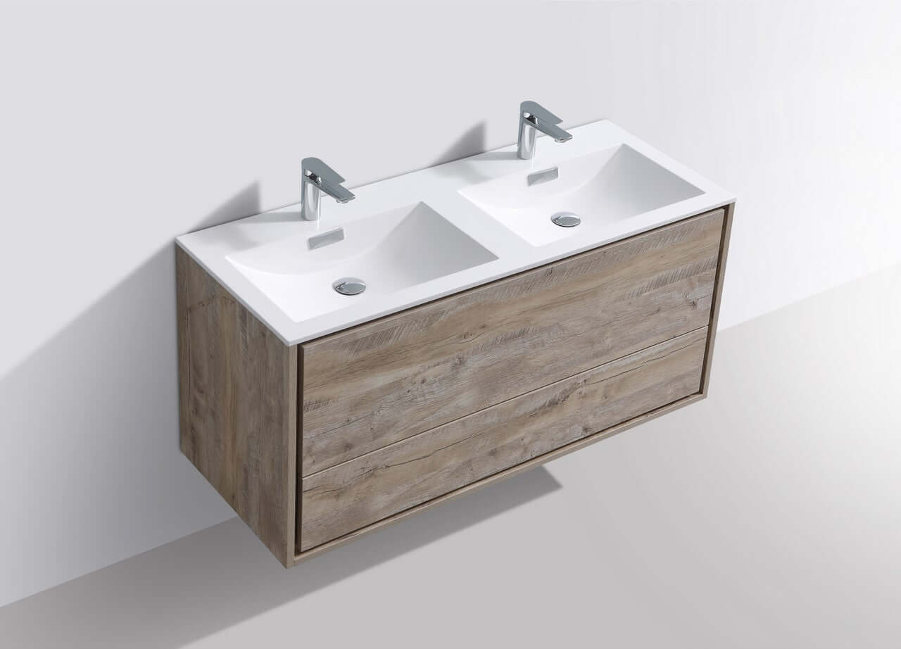 DeLusso 48" Double Sink Nature Wood Wall Mount Modern Bathroom Vanity