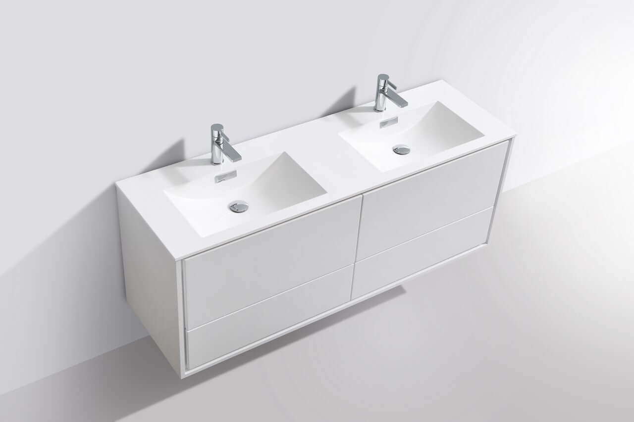 DeLusso 60" Double Sink High Glossy White Wall Mount Modern Bathroom Vanity