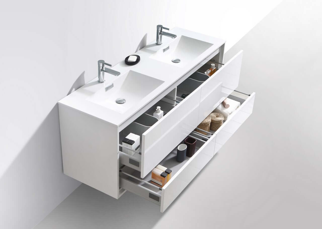 DeLusso 60" Double Sink High Glossy White Wall Mount Modern Bathroom Vanity