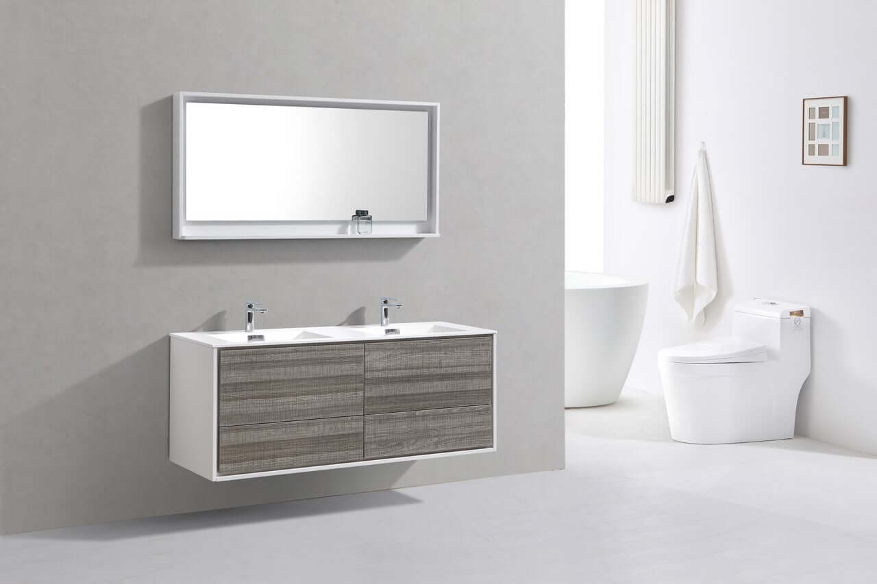 DeLusso 60" Double Sink Ash Gray Wall Mount Modern Bathroom Vanity