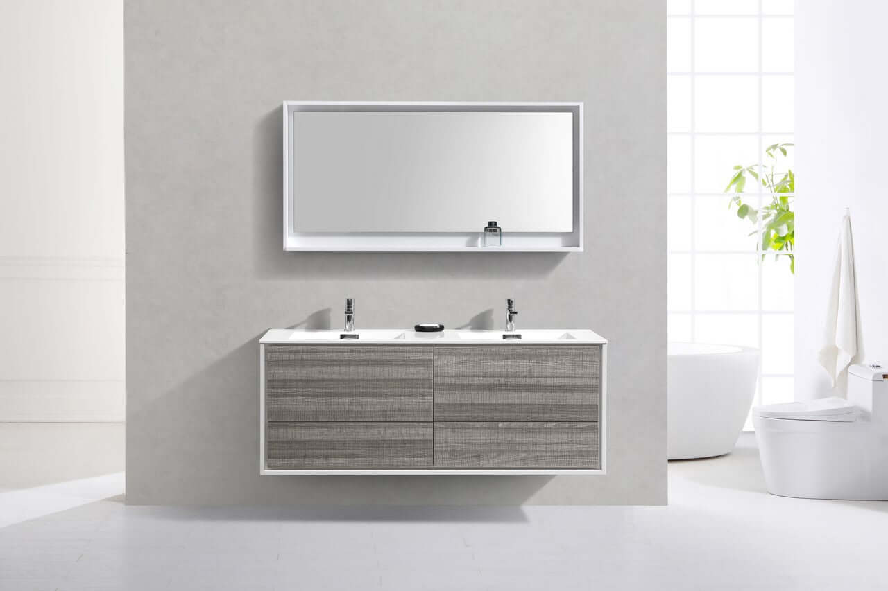 DeLusso 60" Double Sink Ash Gray Wall Mount Modern Bathroom Vanity