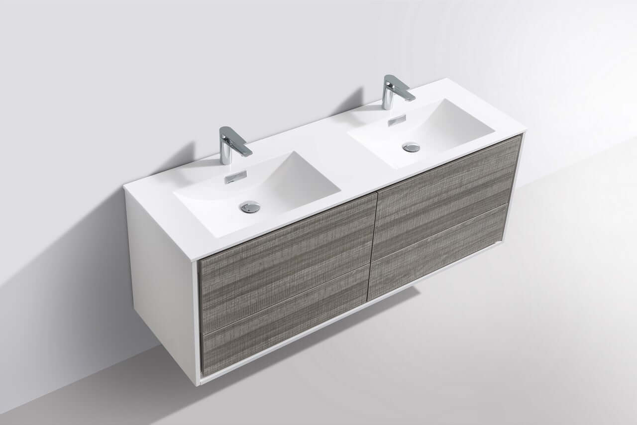 DeLusso 60" Double Sink Ash Gray Wall Mount Modern Bathroom Vanity