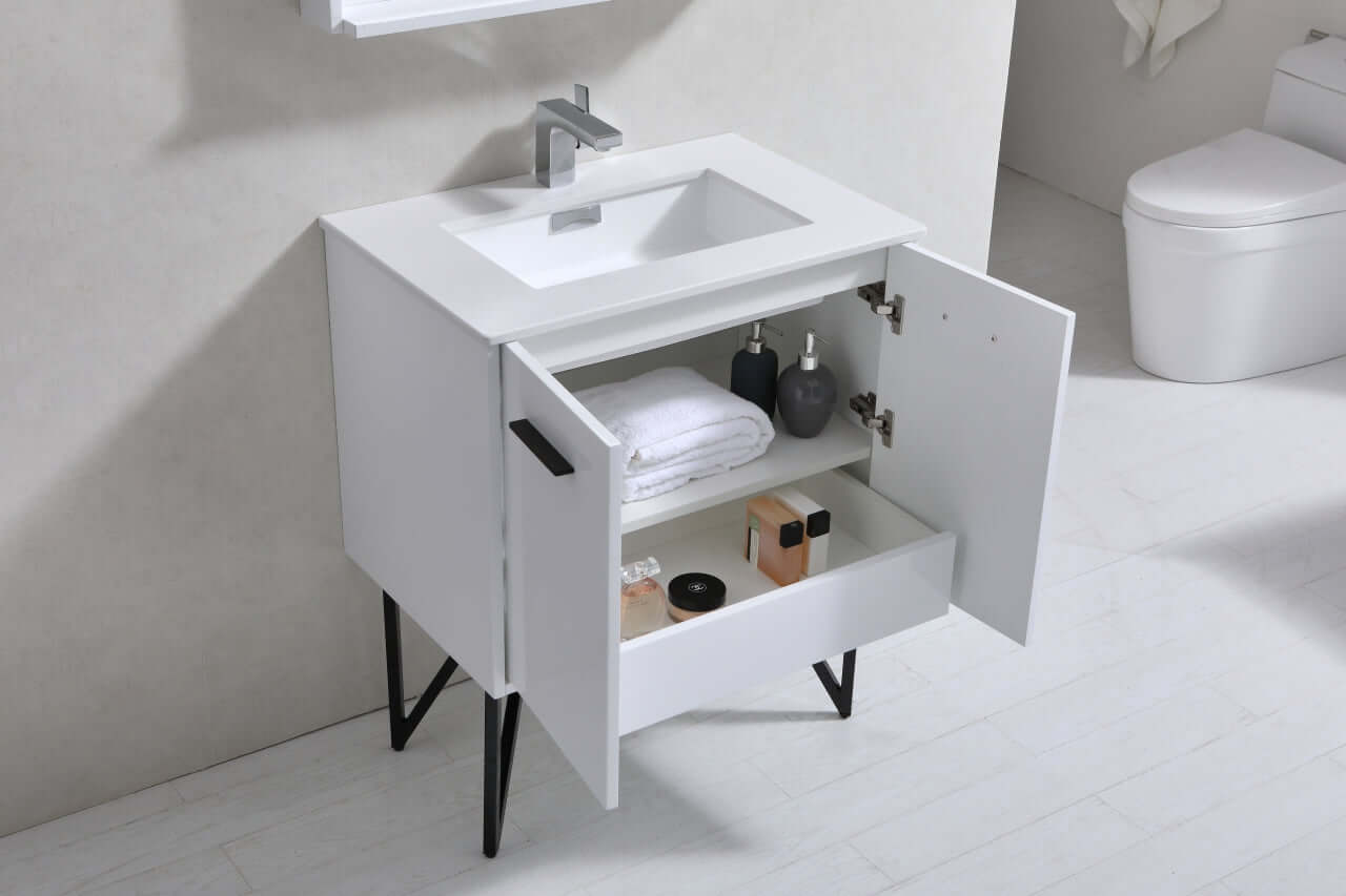 Bosco 30" Modern Bathroom Vanity w/ Quartz Countertop and Matching Mirror