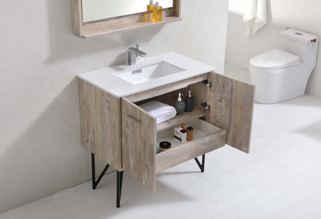 Bosco 36" Modern Bathroom Vanity w/ Quartz Countertop and Matching Mirror