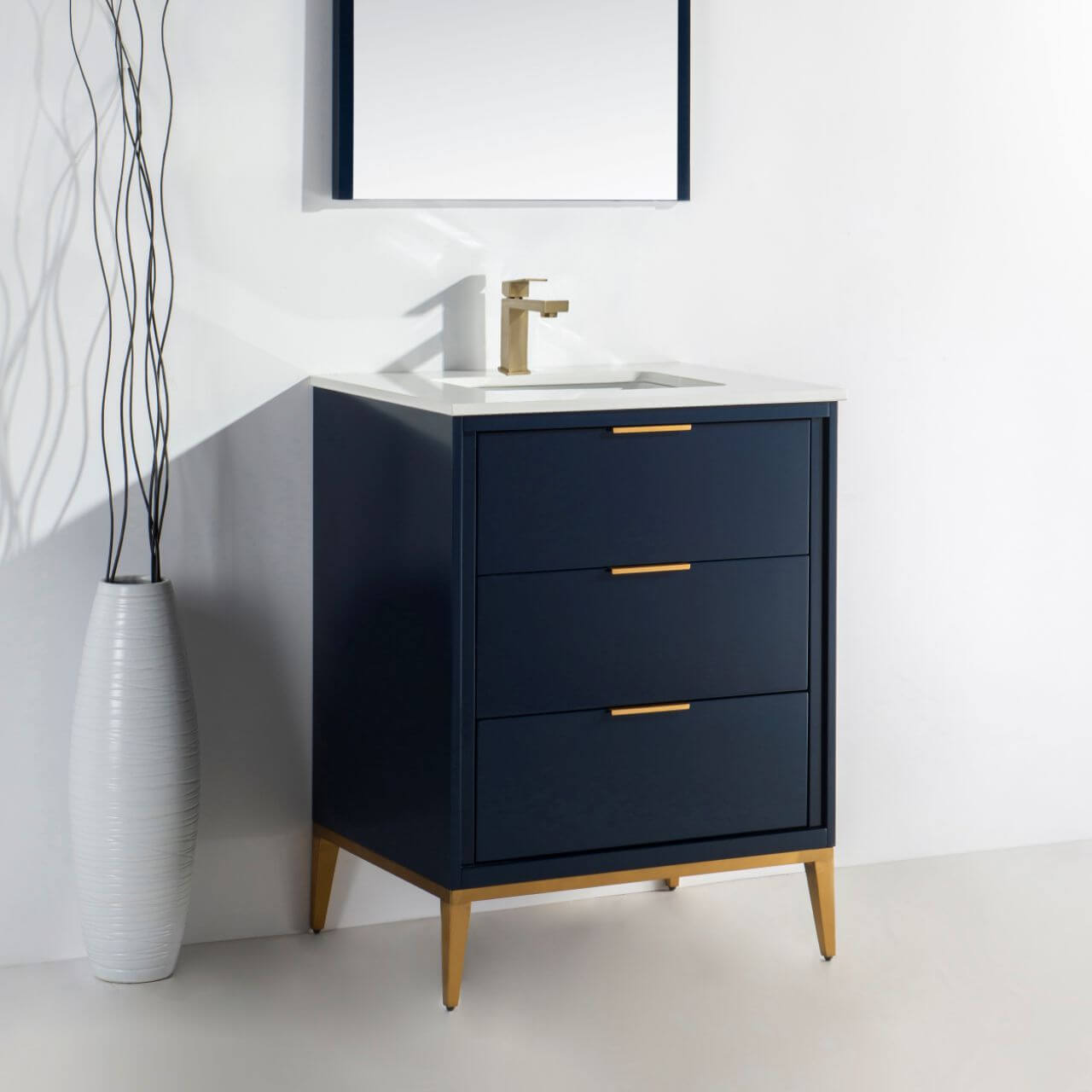 Divani 24'' Gloss Blue Vanity W/ Quartz Counter Top (Back Splash Free)