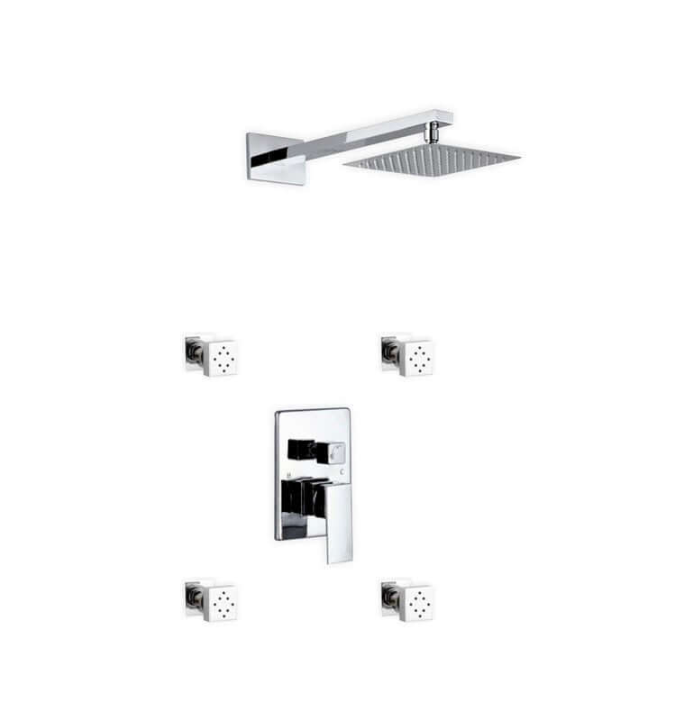 Aqua Piazza brass shower set with 8" square rain shower and 4 body jets, showcasing modern luxury and German engineering.