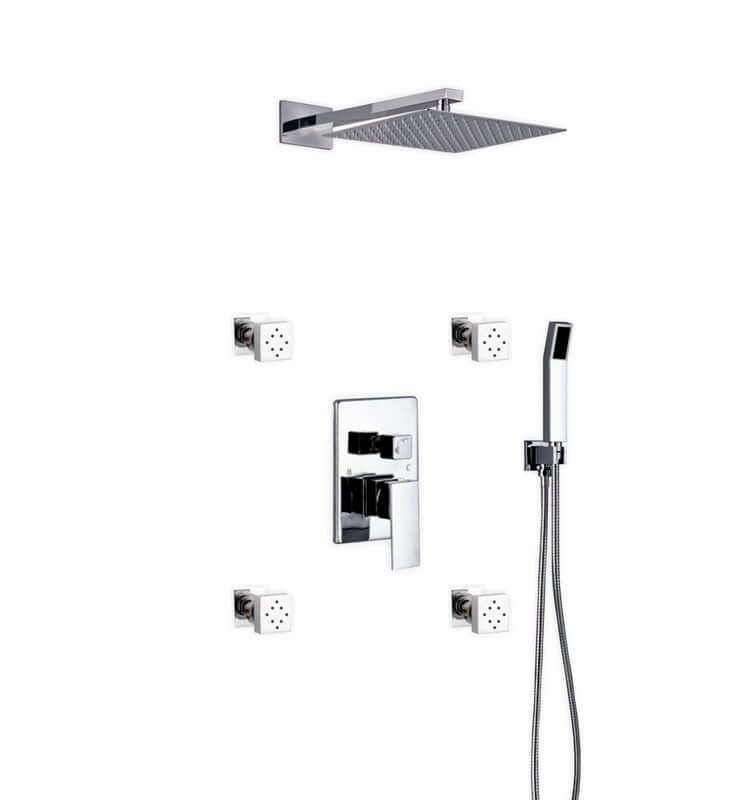 Aqua Piazza brass shower set with 12" square rain shower, handheld shower, and 4 body jets for modern luxury bathroom.