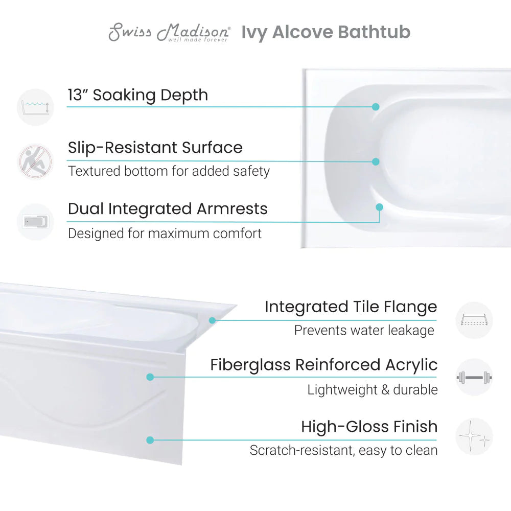 Ivy 60" X 30" Drain Alcove Bathtub with Apron