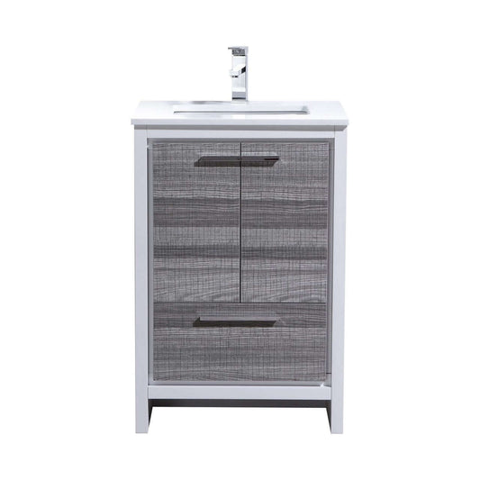 KubeBath Dolce 24″ Ash Gray Modern Bathroom Vanity with White Quartz Counter-Top