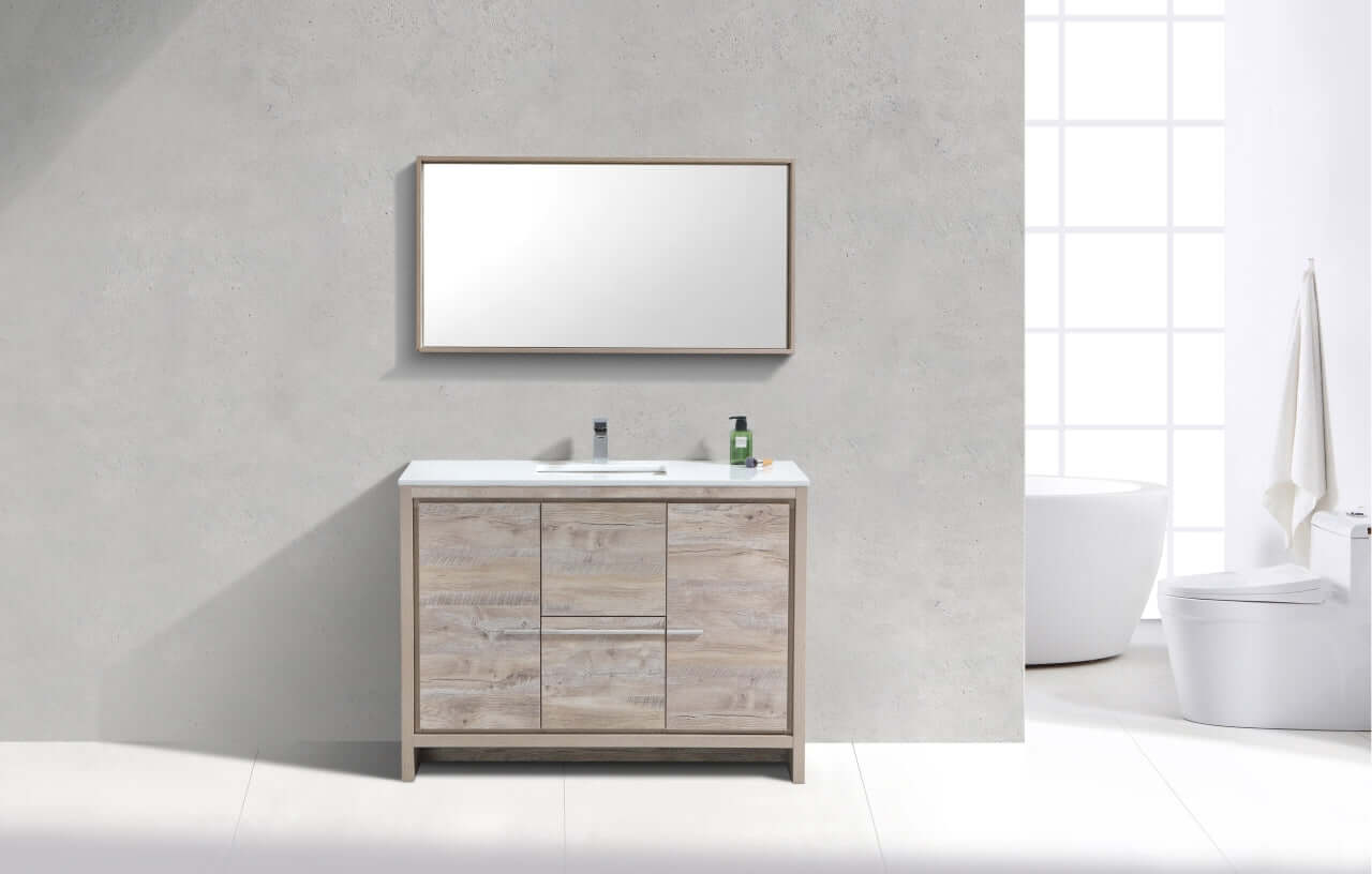 KubeBath Dolce 48″ Nature Wood Modern Bathroom Vanity with White Quartz Counter-Top