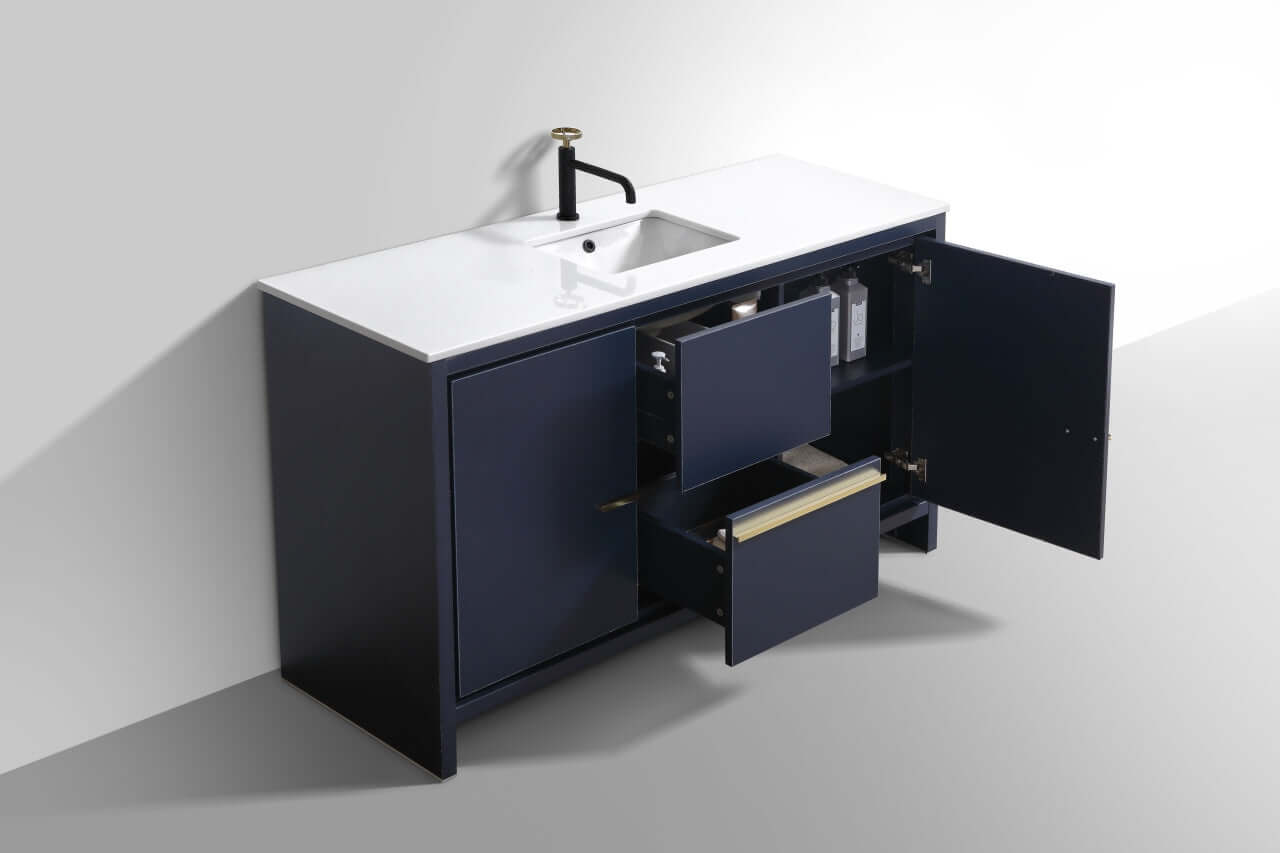 KubeBath Dolce 60″ Blue Modern Bathroom Vanity with White Quartz Counter-Top