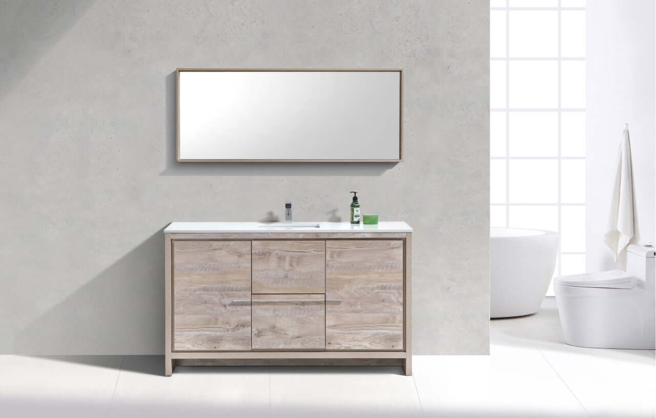 KubeBath Dolce 60″ Nature Wood Modern Bathroom Vanity with White Quartz Counter-Top