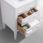 Eiffel 24'' high gloss white bathroom vanity with quartz counter top featuring fully functional drawers with wooden compartments.