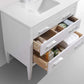 Eiffel 36'' High Gloss White Vanity with quartz counter top and two open drawers showcasing storage and organization options.