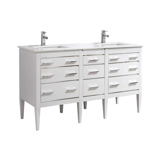 Eiffel 60'' Double Sink High Gloss White Bathroom Vanity with Quartz Counter Top and drawers inspired by art deco and European design