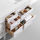 Open drawers of the Eiffel 60'' Double Sink High Gloss White Vanity with Quartz Counter Top, showcasing storage organization.