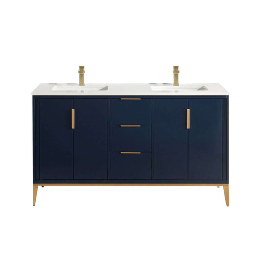 Divani 60'' Gloss Blue Vanity W/ Quartz Counter Top (Back Splash Free)