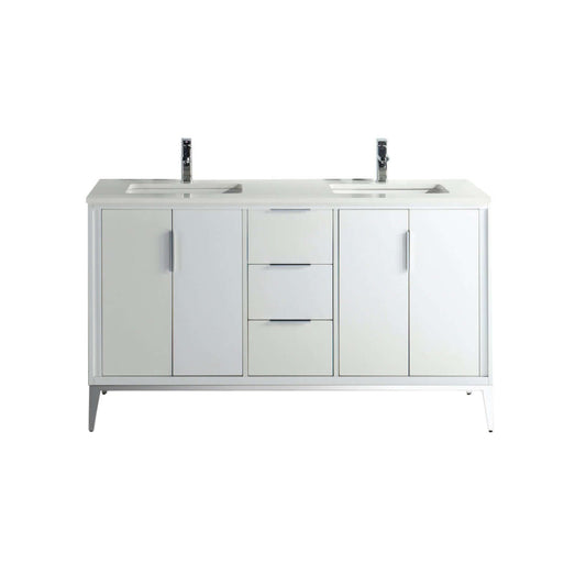 Divani 60'' Gloss White Vanity W/ Quartz Counter Top (Back Splash Free)