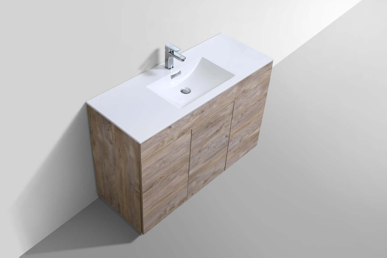Milano 48" Single Sink Nature Wood Modern Bathroom Vanity with integrated Push-Open sliders, aluminum kickboard, and minimalist design.