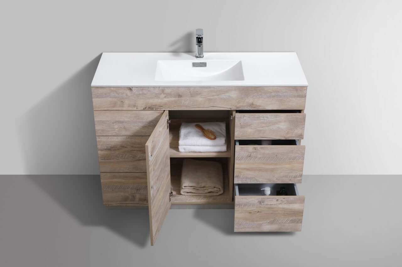 Milano 48" Single Sink Nature Wood Modern Bathroom Vanity with open drawers and door showing storage space.