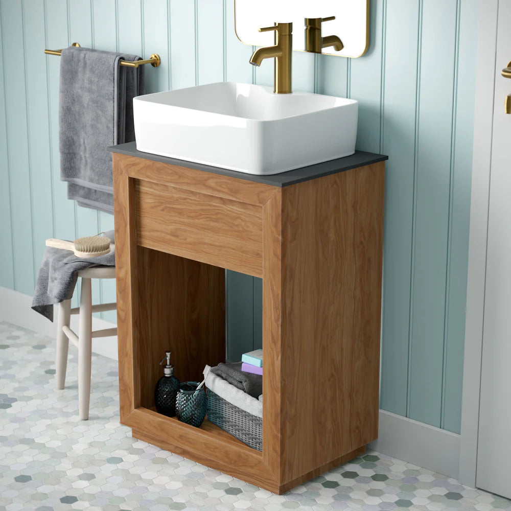Rennes 24" Reclaimed Wood Vanity in Natural Teak with Slate Countertop and Single Hole Vessel Sink